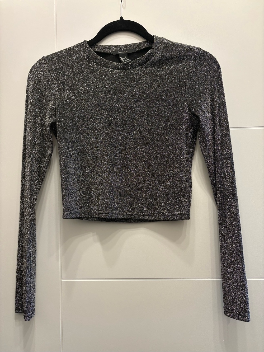 Forever 21 Shimmery Silver Long-Sleeve Crop Top